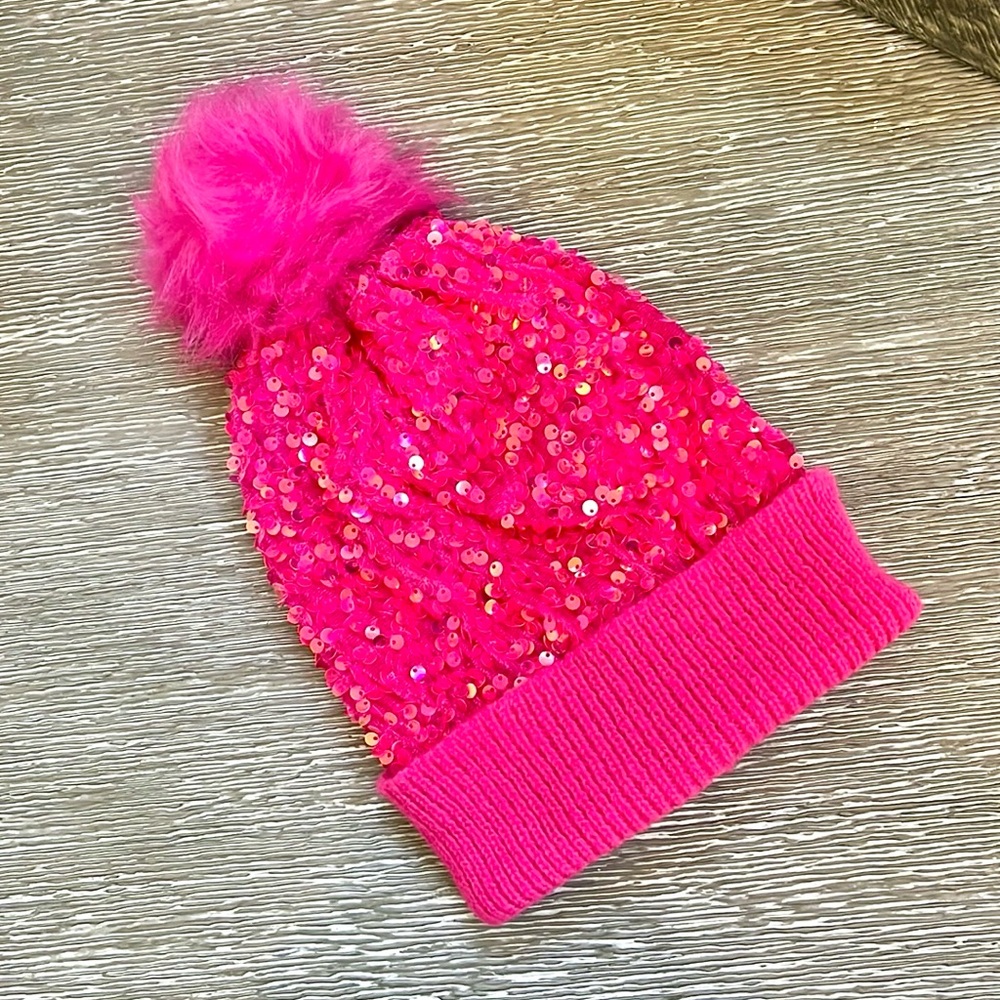 Hot Pink Sequin Pom Pom Beanie